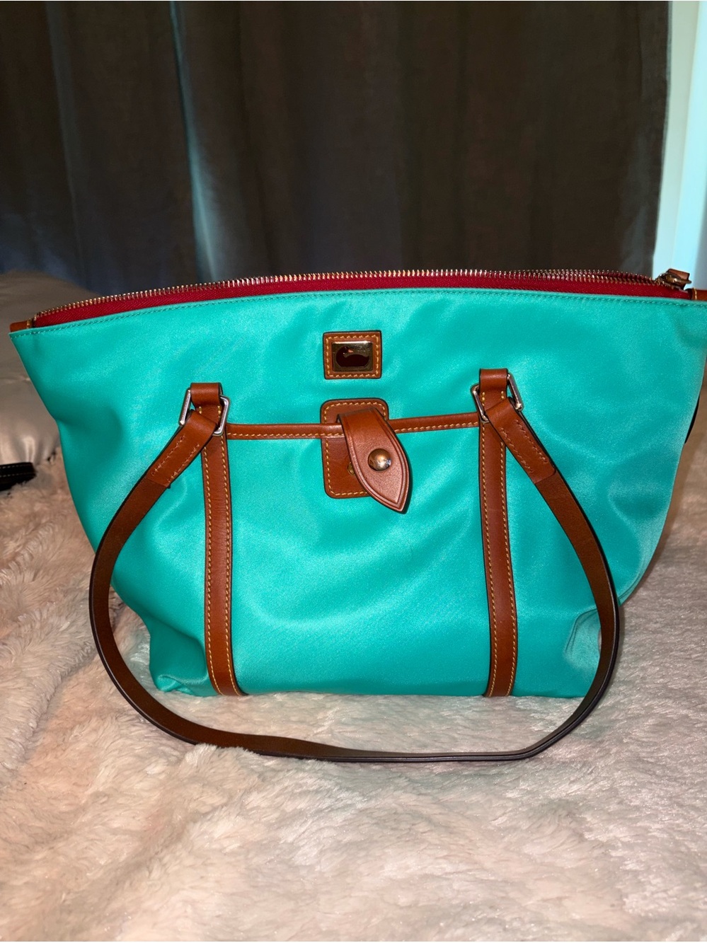 Dooney & Bourke Turquoise Nylon Tote with Brown Leather Trim